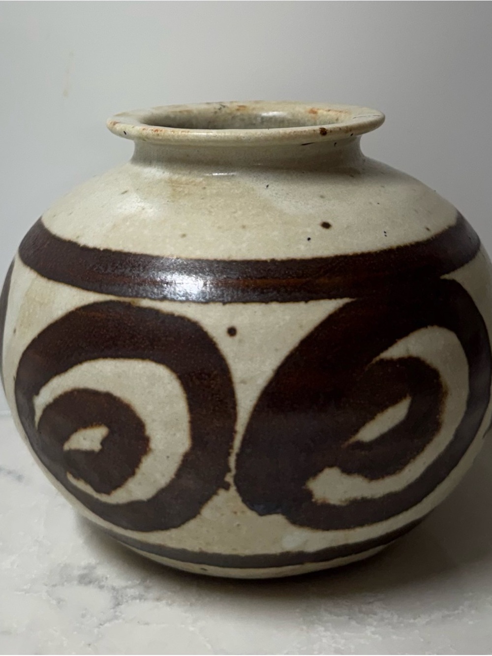 Vintage Artisan Ceramic Swirl Jar - Cream and Dark Brown